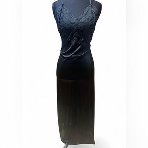 Vintage Black Nylon Lace Slip Dress ILGWU Union Made 1960s 1970s Size Large